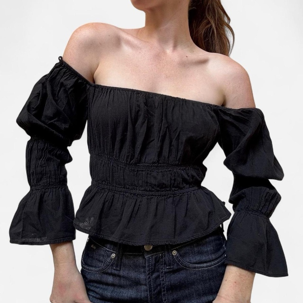 WAYF cotton black off the shoulder smocked blouse